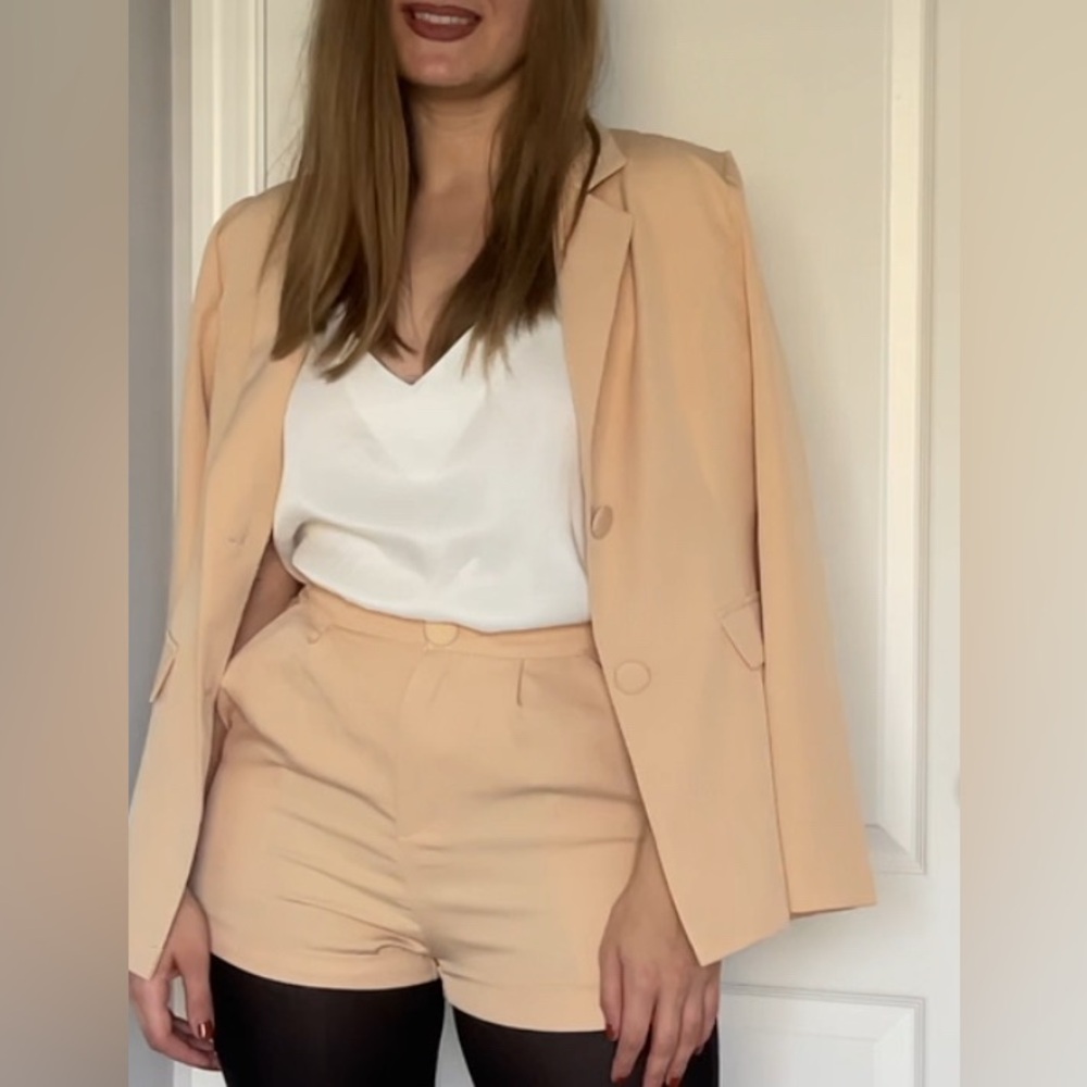 Neutral button up blazer & shorts co-ord set